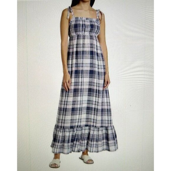 AQUA for Bloomingdale's Navy Pink Plaid Pull-Over Tie Up Shoulder Maxi Dress - Picture 1 of 7